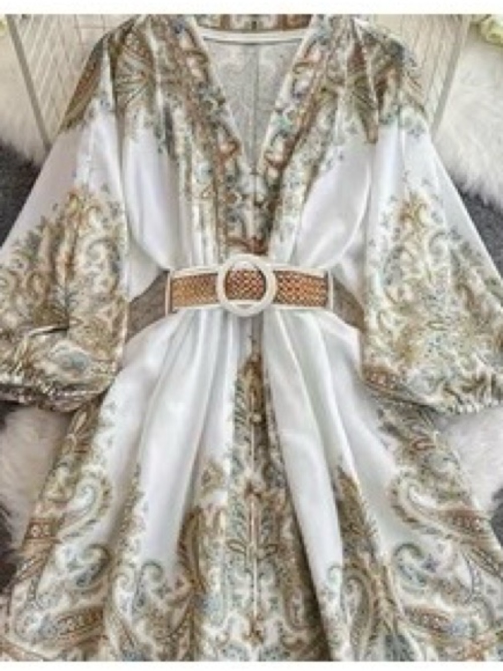 Boho NWOT V-Neck Mini Dress in Ivory with Teal & Tan Paisley - Picture 8 of 10